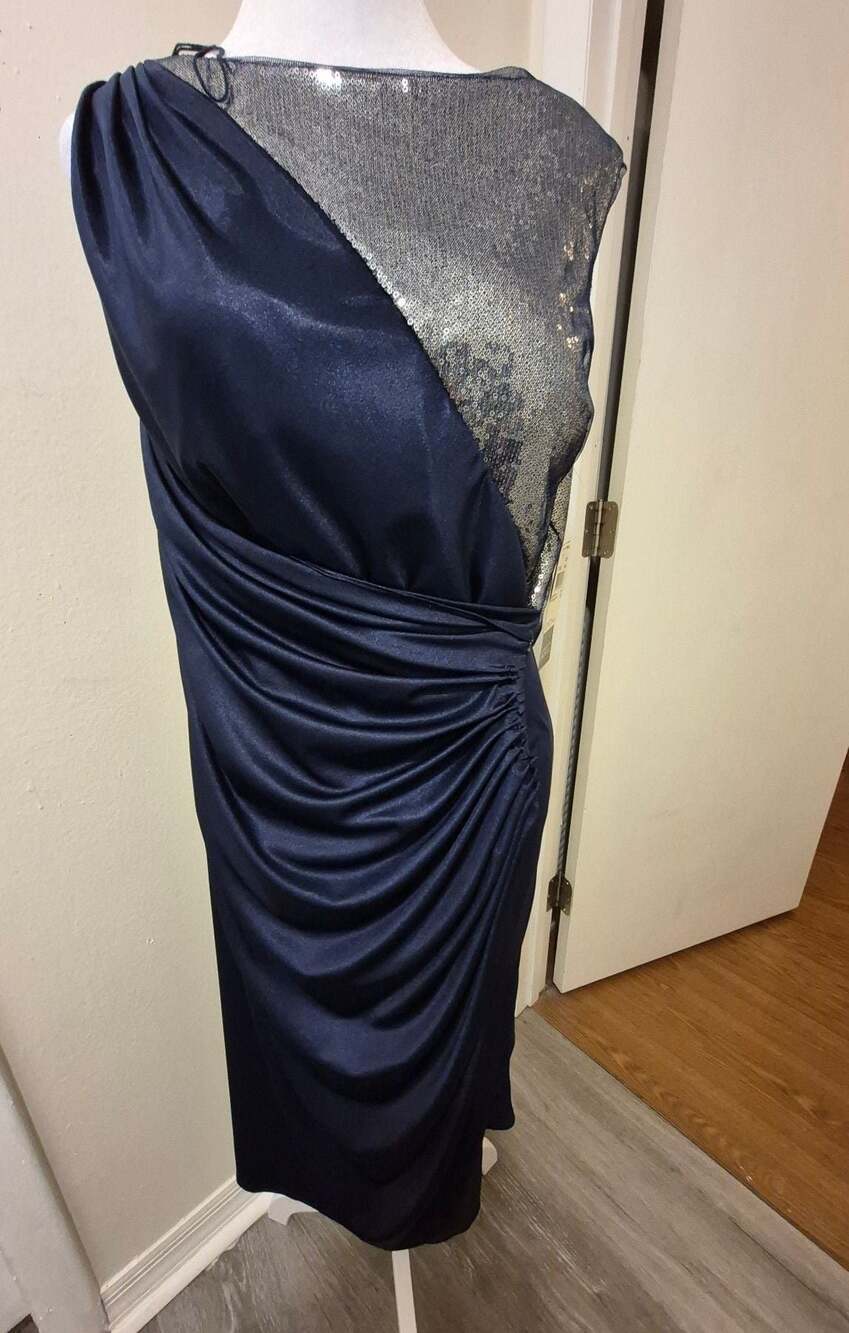 Adrianna Papell Evening Navy One-Shoulder Sequin and Ruched Satin Cocktail Dress